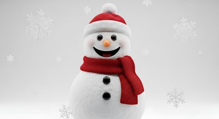 Fototapeta premium Smiling snowman with red hat and scarf in a snowy scene.