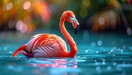 Graceful pink flamingo gracefully glides through shimmering turquoise water, bokeh background, bright vibrant scene