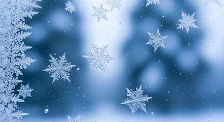 Close-up of snowflakes on a window, showing intricate details and winter atmosphere.