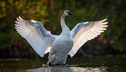 Graceful swan mid-stretch, wings fully extended, backlit by soft golden light in a natural waterscape