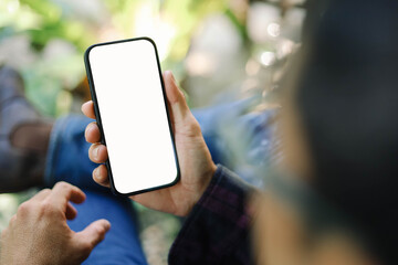 Mobile phone blank white screen mockup.texting using cell phone.background empty space for advertise.work people contact marketing business,technology