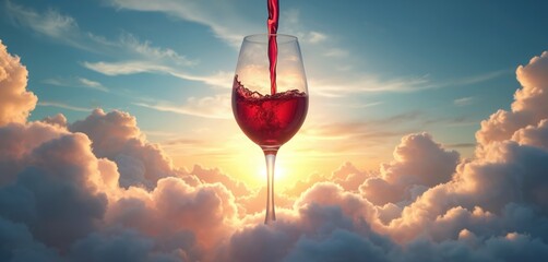 Naklejka premium Wine poured into wineglass standing among clouds on sunset. Surreal scene suggests elegant luxury. Wine concept illustration evokes creativity. Divine alcohol drink conceptual heaven celestial