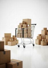 Fototapeta premium Shopping Cart and Boxes for Ecommerce Shipping in Clean White Studio