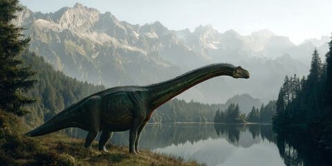 Fototapeta premium Ignavusaurus explores a lush landscape with lakes forests and mountains in a prehistoric setting