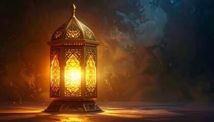 Golden ornate lantern glows warmly against a textured, dreamy blue and grey backdrop, casting light on the surface