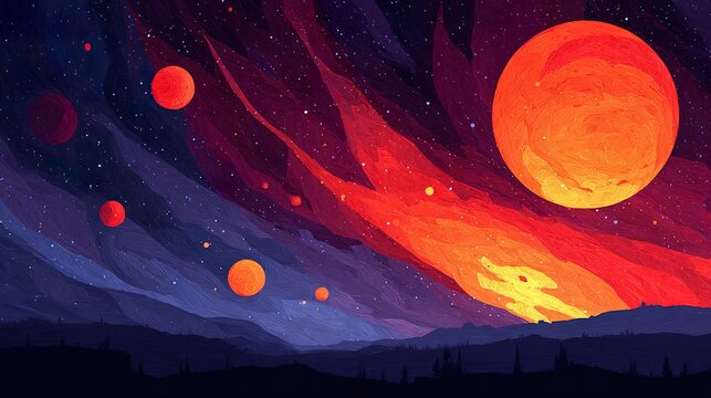 Abstract painting of planets and starscape - Powered by Adobe