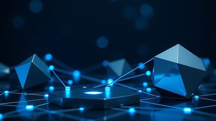 Abstract geometric shapes with metallic surfaces and blue lighting, symbolizing modern connectivity.