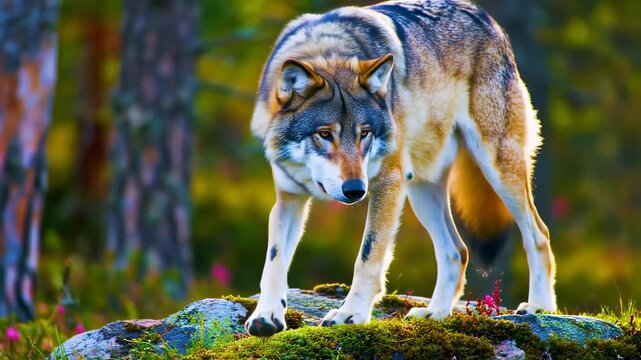 A magnificent wolf strides confidently forward, lit by the soft light in a forest environment