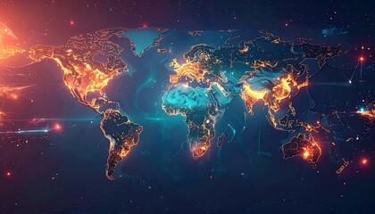 Glowing map of the world, lit with city lights and digital network connections against a dark blue background