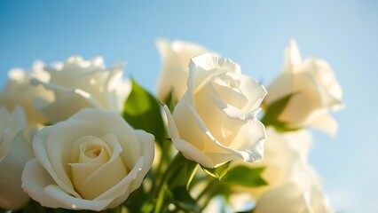 Delicate white roses in full bloom against a serene blue sky, exuding purity and natural beauty.