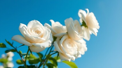 Close-up of white roses against a blue sky, bathed in natural sunlight with soft shadows for a serene spring aesthetic.