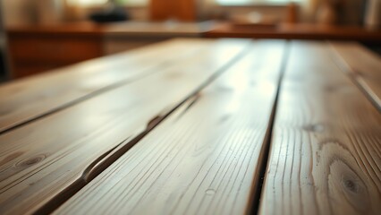 Wooden table surface close-up with natural grain texture, warm kitchen ambient light.