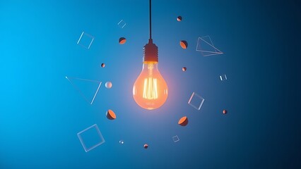Lightbulb encircled by floating geometric shapes against a gradient blue sky, symbolizing innovation.