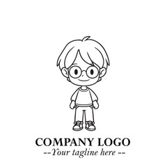 Black and White Chibi Boy Illustration with Jacket and Boots in Bold Thick Line Art Minimal Style