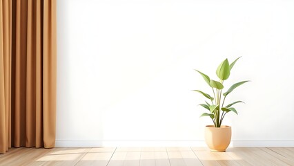 A minimalist potted plant against a white wall with a brown curtain and wooden floor.