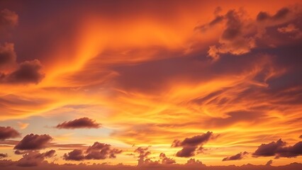 Dramatic sunrise with gradient orange and purple clouds, creating a panoramic abstract sky view.