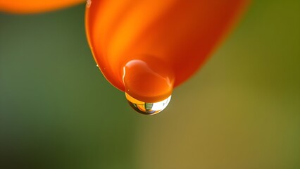 Macro close-up of an orange flower petal with a water droplet, emphasizing delicate textures and details.