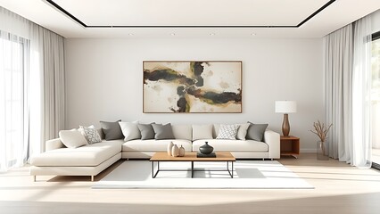 A contemporary living room with neutral tones and abstract art, bathed in natural light.