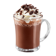 Delicious hot chocolate beverage topped with whipped cream and chocolate shavings isolated on transparent background