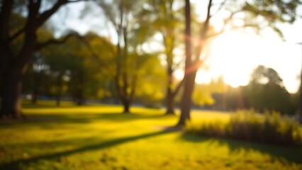 A sunny park scene with softly blurred greenery, glowing in golden hour sunlight.