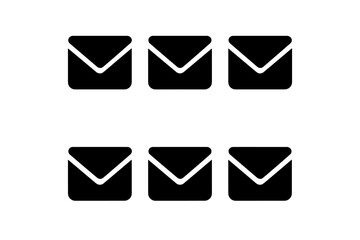 Six black envelopes arranged in two rows, each with an open flap, showcasing simple, clean design for communication or messaging themes