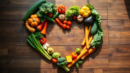 Artistic heart-shaped vegetable arrangement on rustic wood, symbolizing healthy living in natural morning light.