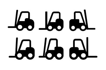 Six simple graphic illustrations of forklifts in various positions for industrial use and transport