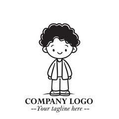 Black and White Chibi Boy Illustration with Jacket and Boots in Bold Thick Line Art Minimal Style