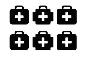 Collection of black first aid kit icons arranged in a grid on a white background