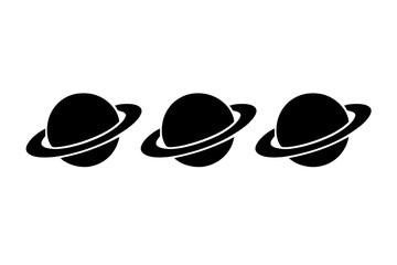 Black silhouette of three planets with rings on a white background