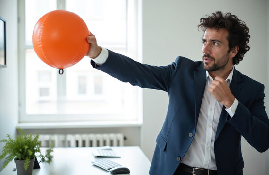 Businessman in suit punches speed bag at office desk. Man with curly hair and beard wears blue blazer, white shirt. He trains with orange ball in modern office space with computer and plant on table. - Powered by Adobe