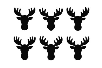 Multiple black silhouettes of moose heads arranged in two rows on a white background showcasing their unique antler shapes