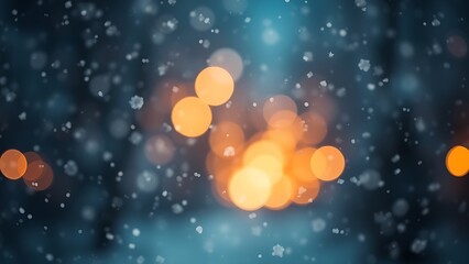 Atmospheric winter scene with snowfall and soft bokeh, blending warm and cool tones for holiday mood.