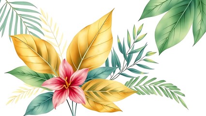 Watercolor botanical illustration of tropical plants with gold leaf accents on soft gradient background.