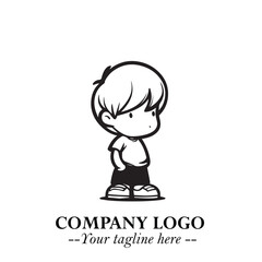 Black and White Chibi Boy Illustration with Jacket and Boots in Bold Thick Line Art Minimal Style