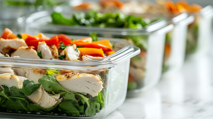 Meal prep containers with fresh salad. A healthy and convenient way to manage portions and make nutritious choices for lunch or dinner. Balanced diet ready to go!