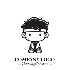 Black and White Chibi Boy Illustration with Jacket and Boots in Bold Thick Line Art Minimal Style