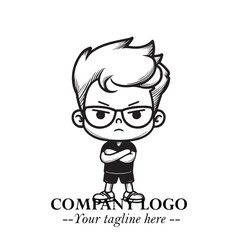 Black and White Chibi Boy Illustration with Jacket and Boots in Bold Thick Line Art Minimal Style