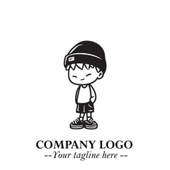 Black and White Chibi Boy Illustration with Jacket and Boots in Bold Thick Line Art Minimal Style