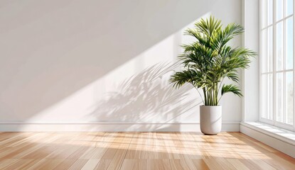 Green houseplant casts palm leaf shadows on a sunlit wall.