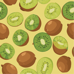 Seamless vector pattern of kiwi fruits, whole and sliced