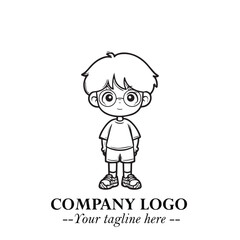 Black and White Chibi Boy Illustration with Jacket and Boots in Bold Thick Line Art Minimal Style