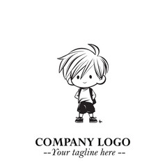 Black and White Chibi Boy Illustration with Jacket and Boots in Bold Thick Line Art Minimal Style