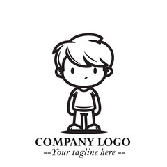 Black and White Chibi Boy Illustration with Jacket and Boots in Bold Thick Line Art Minimal Style