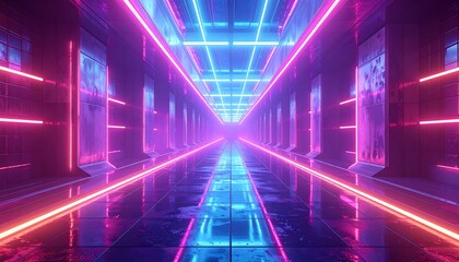 Glowing neon hallway receding into distance; pink and blue lights reflect off polished floor. Cyberpunk futuristic feel