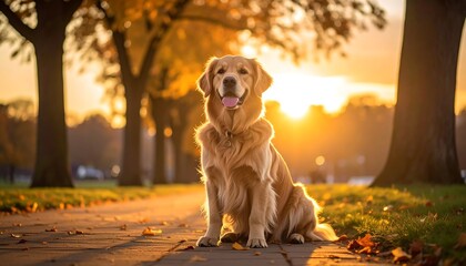 Golden retriever dog sits on path in autumn park with leaves at sunset, glowing warmly in light