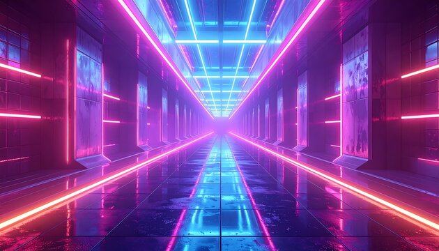 Glowing neon hallway receding into distance; pink and blue lights reflect off polished floor. Cyberpunk futuristic feel