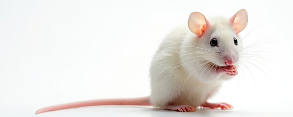 White mouse stands on white surface, cleans itself with paws, isolated on white background. Small mammal rodent has pink ears, nose and tail. Laboratory animal cleans fur. Studio shot of pet.