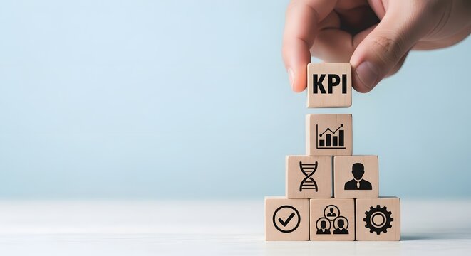 Hand stacking wooden blocks with kpi and business icons to represent growth