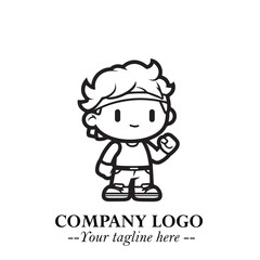 Black and White Chibi Boy Illustration with Jacket and Boots in Bold Thick Line Art Minimal Style